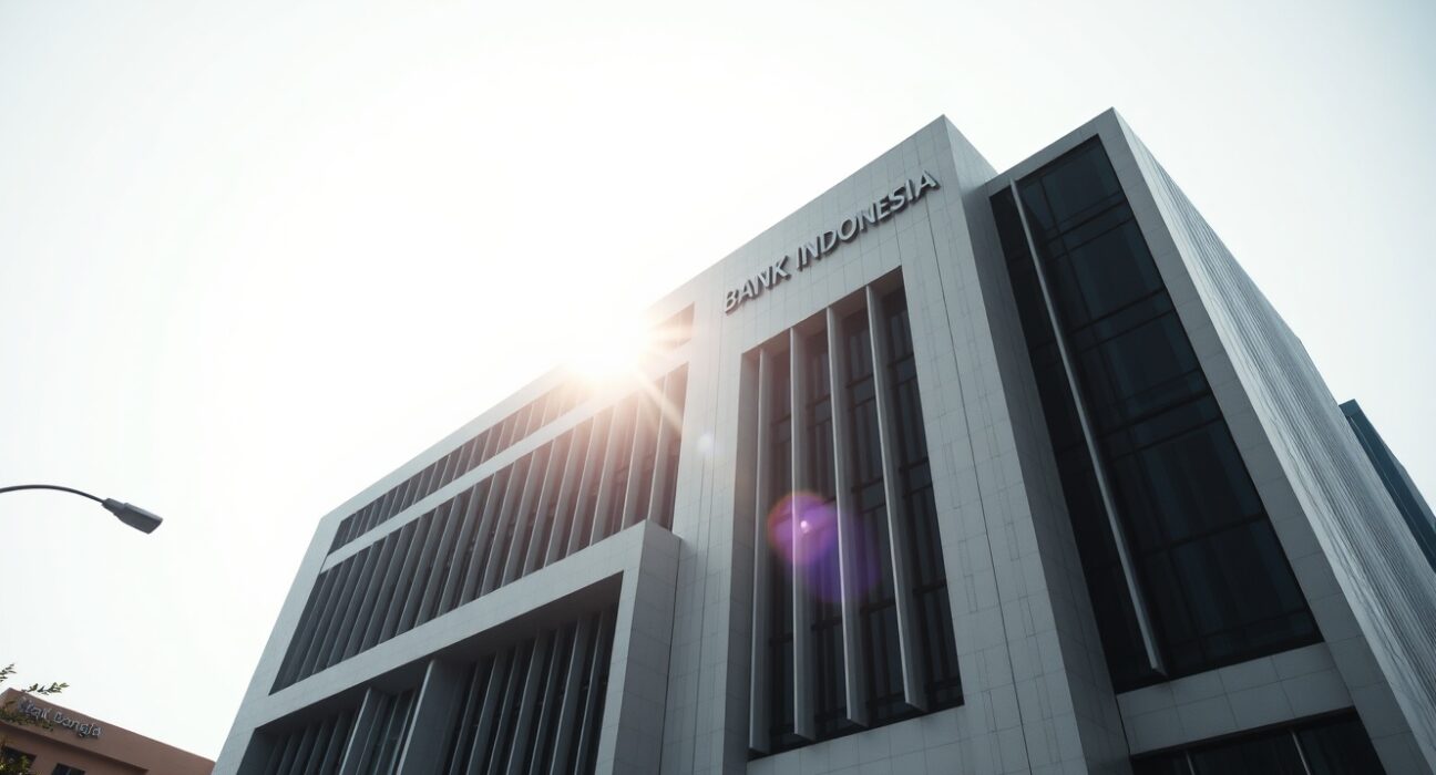 Bank Indonesia headquarters in Jakarta, a modern building under a clear sky, representing monetary policy focus.