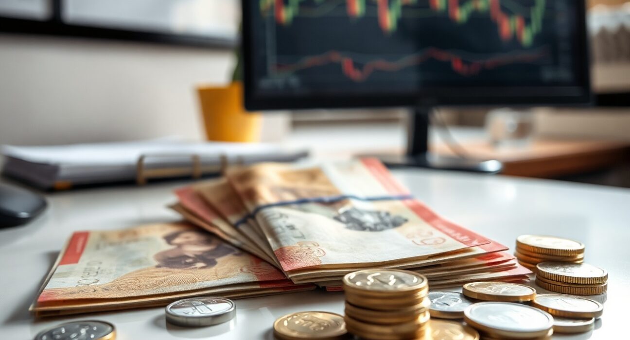 Indonesian rupiah banknotes and coins on a desk, symbolizing currency stability and policy support.