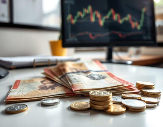 Indonesian rupiah banknotes and coins on a desk, symbolizing currency stability and policy support.
