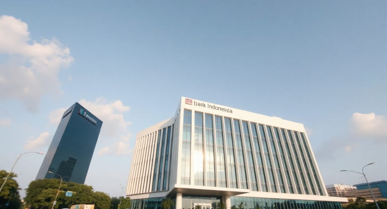 Bank Indonesia headquarters in Jakarta under a clear sky, representing monetary policy and financial stability.