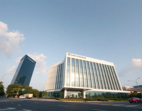 Bank Indonesia headquarters in Jakarta under a clear sky, representing monetary policy and financial stability.