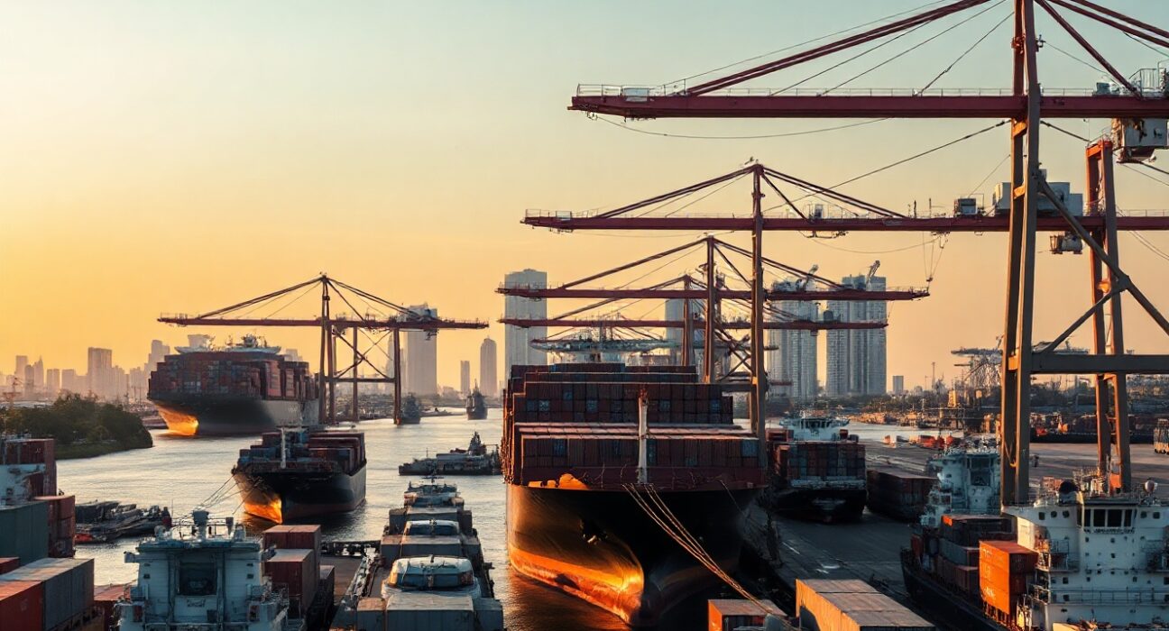 Aerial view of a busy container port in Jakarta, Indonesia, symbolizing strong economic activity.