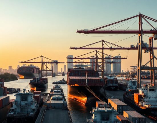 Aerial view of a busy container port in Jakarta, Indonesia, symbolizing strong economic activity.