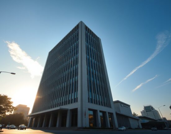 Bank Indonesia headquarters in Jakarta during late afternoon sunlight