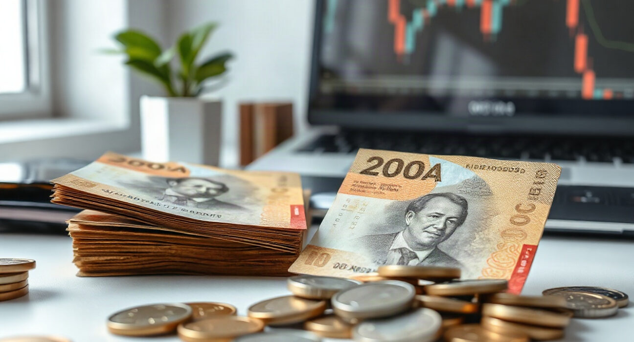 Indonesian rupiah banknotes and coins on a desk with a financial chart in the background