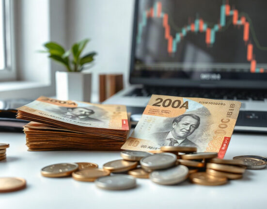 Indonesian rupiah banknotes and coins on a desk with a financial chart in the background