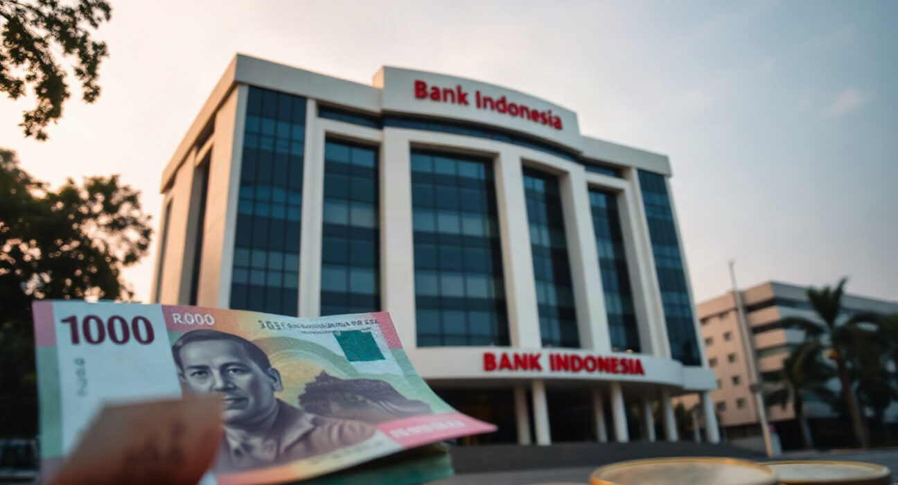 Bank Indonesia headquarters in Jakarta with rupiah currency notes in foreground, symbolizing monetary policy and currency stability.