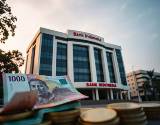 Bank Indonesia headquarters in Jakarta with rupiah currency notes in foreground, symbolizing monetary policy and currency stability.
