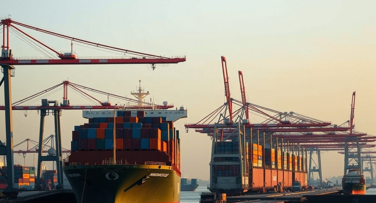 Aerial view of a busy Indonesian container port with cargo ships at dawn, representing trade activity.