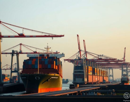 Aerial view of a busy Indonesian container port with cargo ships at dawn, representing trade activity.