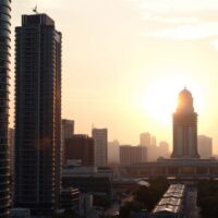 Jakarta skyline at sunrise, symbolizing Indonesia's economic resilience amid trade risks.