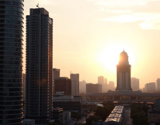 Jakarta skyline at sunrise, symbolizing Indonesia's economic resilience amid trade risks.