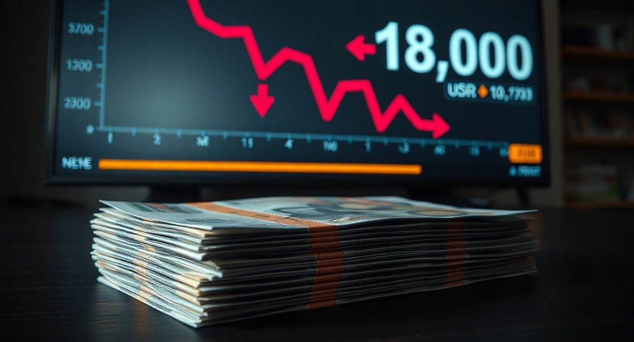 Stack of Indonesian rupiah banknotes with a blurred background showing a declining USD/IDR chart.