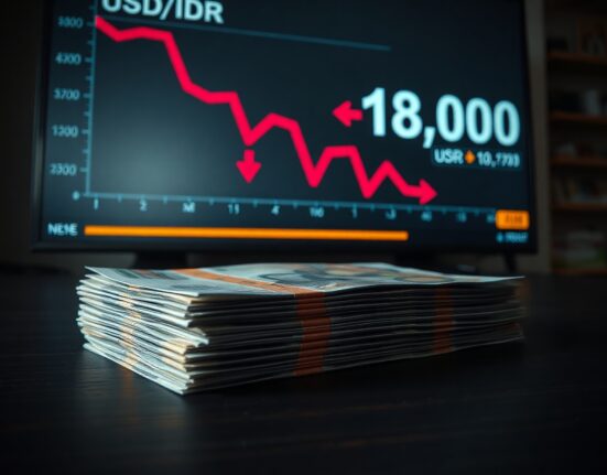 Stack of Indonesian rupiah banknotes with a blurred background showing a declining USD/IDR chart.