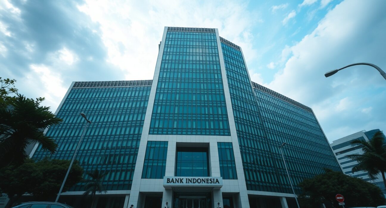Bank Indonesia headquarters in Jakarta under overcast sky, symbolizing economic uncertainty.