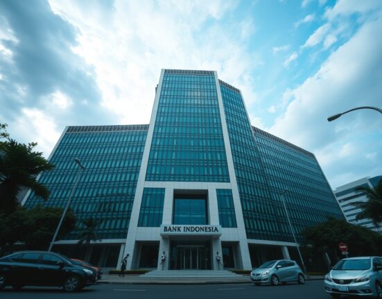 Bank Indonesia headquarters in Jakarta under overcast sky, symbolizing economic uncertainty.