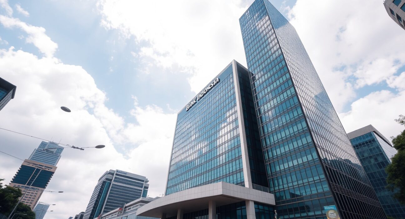 Bank Indonesia headquarters in Jakarta under a partly cloudy sky