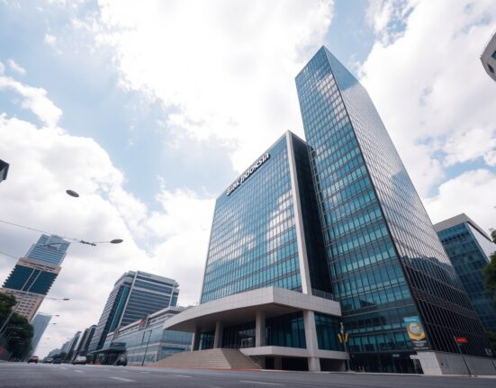Bank Indonesia headquarters in Jakarta under a partly cloudy sky