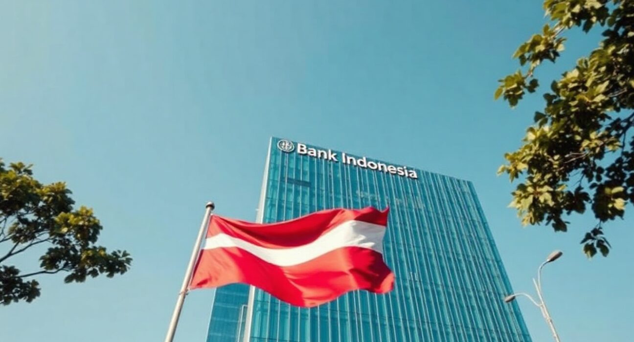 Bank Indonesia headquarters in Jakarta, with the Indonesian flag flying in the foreground.