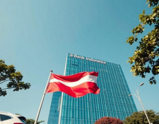 Bank Indonesia headquarters in Jakarta, with the Indonesian flag flying in the foreground.
