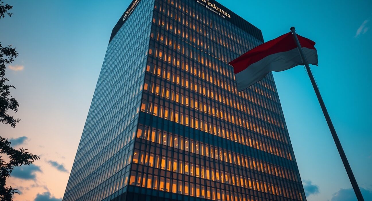 Exterior of Bank Indonesia headquarters in Jakarta at golden hour, symbolizing monetary policy action.
