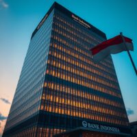 Exterior of Bank Indonesia headquarters in Jakarta at golden hour, symbolizing monetary policy action.
