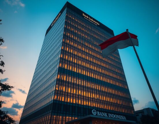 Exterior of Bank Indonesia headquarters in Jakarta at golden hour, symbolizing monetary policy action.