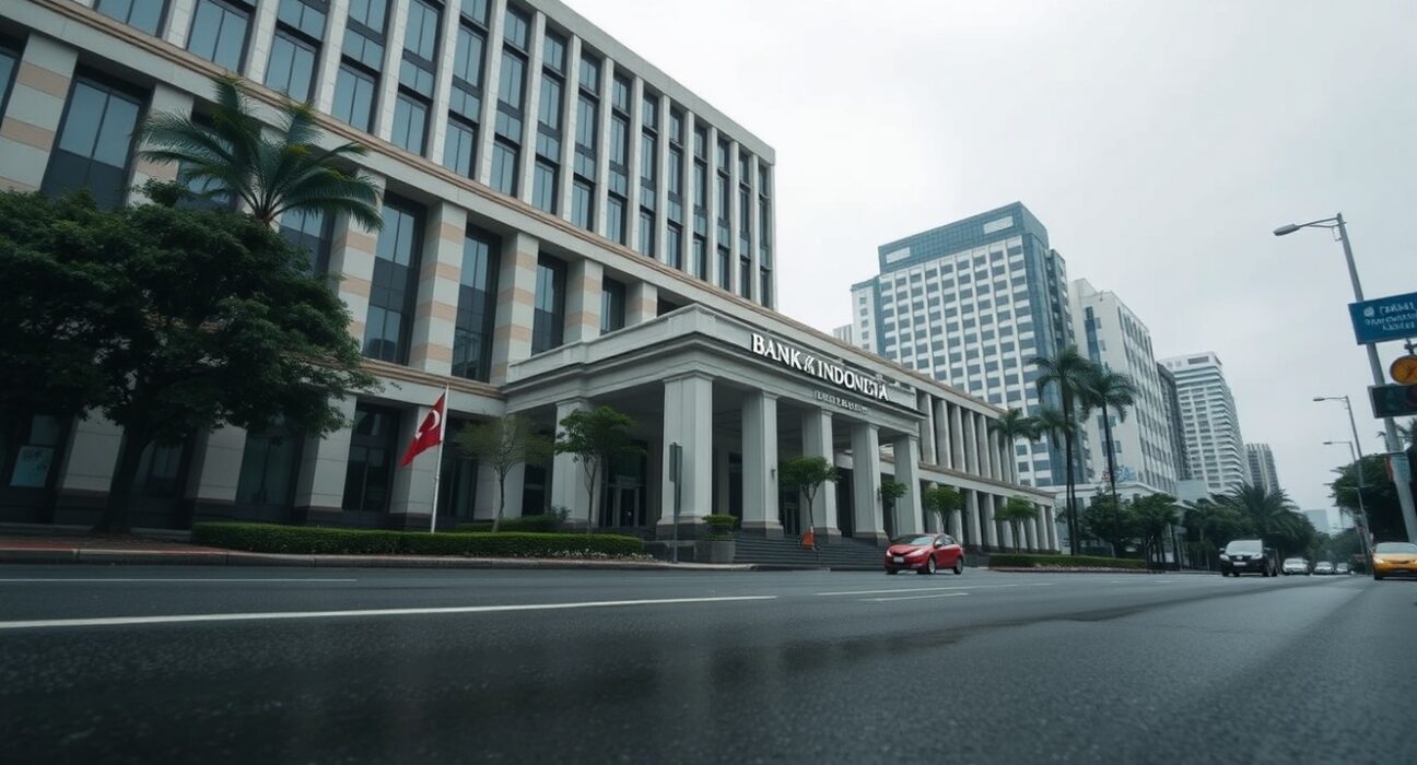 Bank Indonesia headquarters building in Jakarta under overcast sky