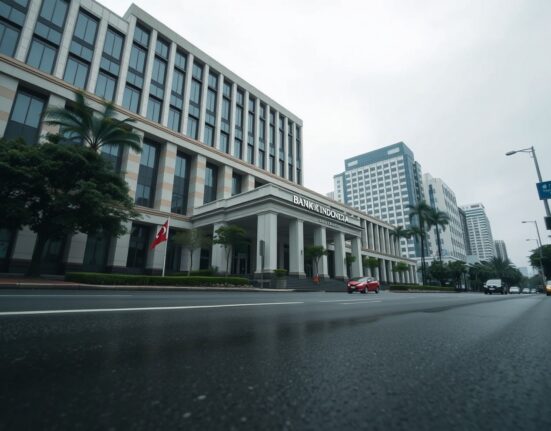 Bank Indonesia headquarters building in Jakarta under overcast sky
