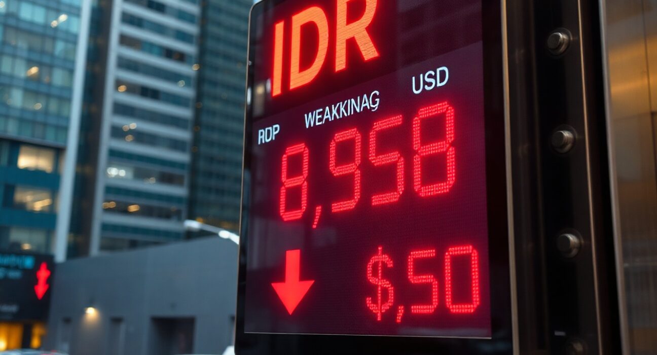 Jakarta currency exchange board showing weakening Indonesian rupiah against US dollar, representing IDR pressure and potential BI tightening.