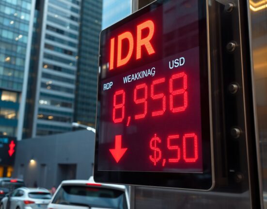 Jakarta currency exchange board showing weakening Indonesian rupiah against US dollar, representing IDR pressure and potential BI tightening.