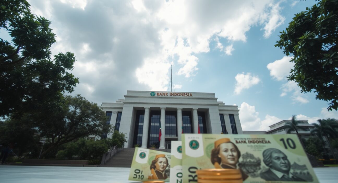 Bank Indonesia headquarters in Jakarta with rupiah currency in foreground, symbolizing monetary policy analysis.