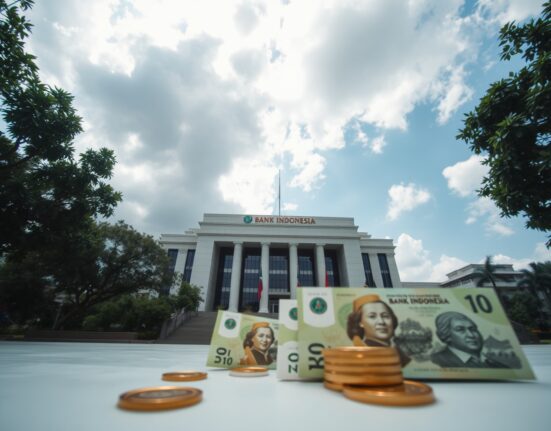Bank Indonesia headquarters in Jakarta with rupiah currency in foreground, symbolizing monetary policy analysis.