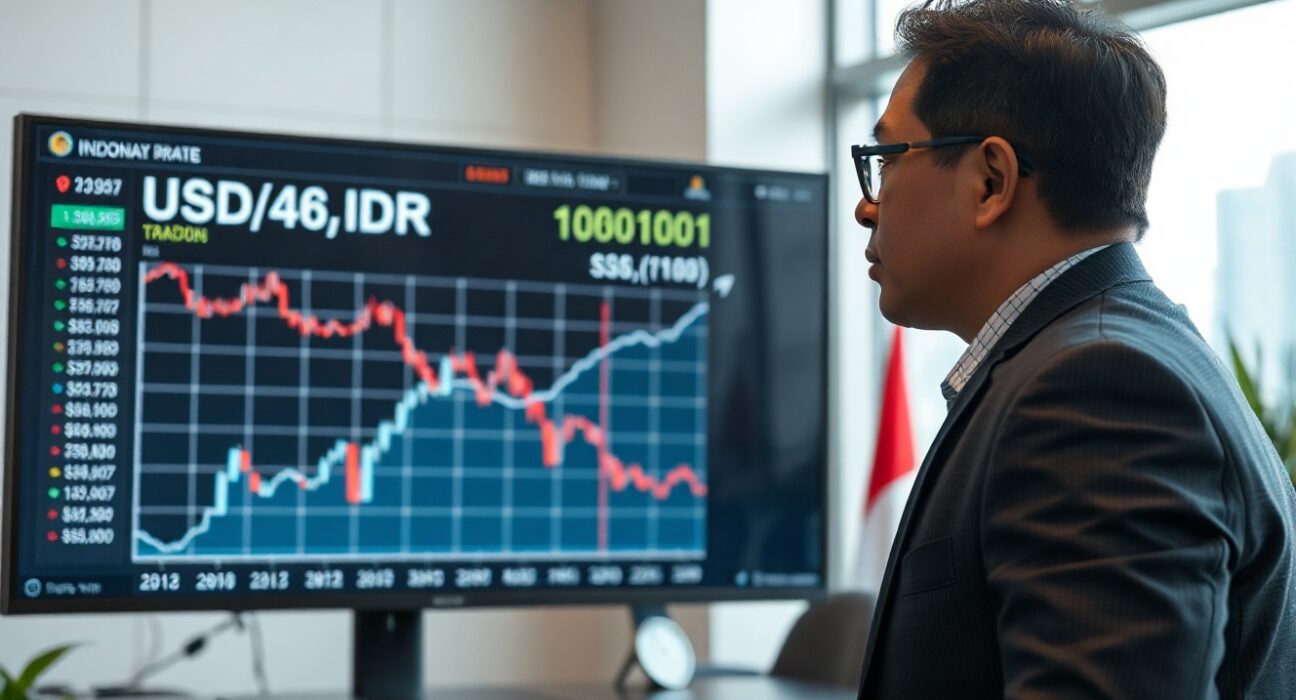 Financial analyst in Jakarta office monitoring USD/IDR exchange rate chart