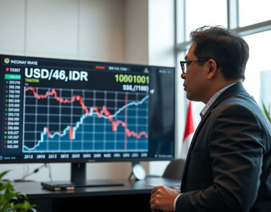 Financial analyst in Jakarta office monitoring USD/IDR exchange rate chart