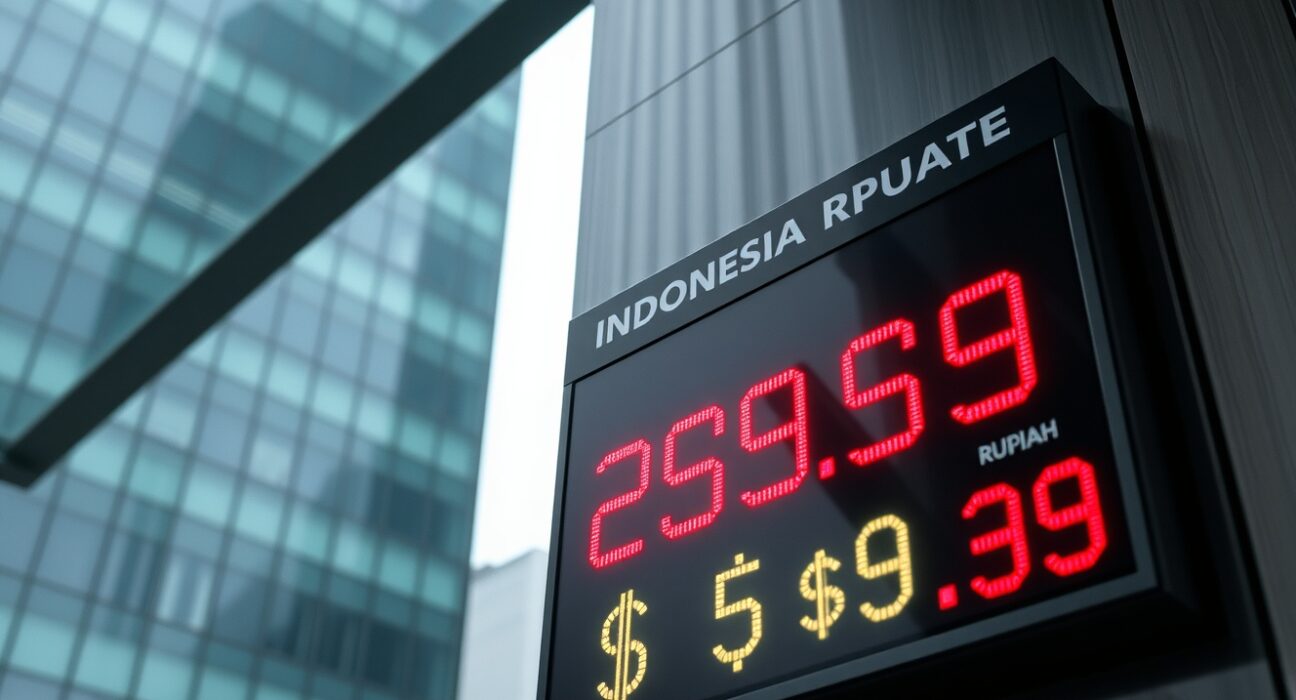 Currency exchange board in Jakarta showing Indonesian rupiah rate against US dollar in red.