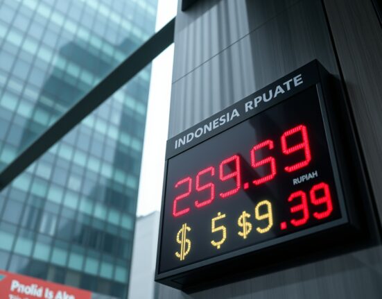 Currency exchange board in Jakarta showing Indonesian rupiah rate against US dollar in red.