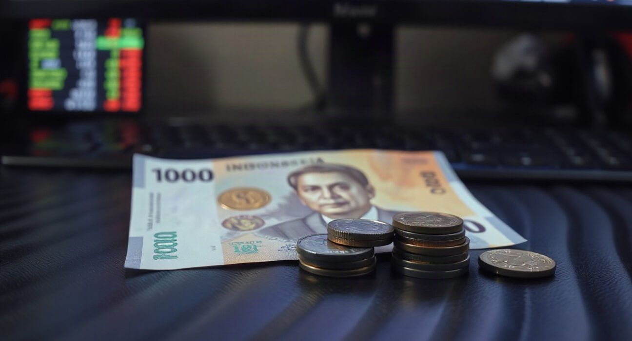 Indonesian rupiah banknotes and coins on a dark surface with a financial chart in the background