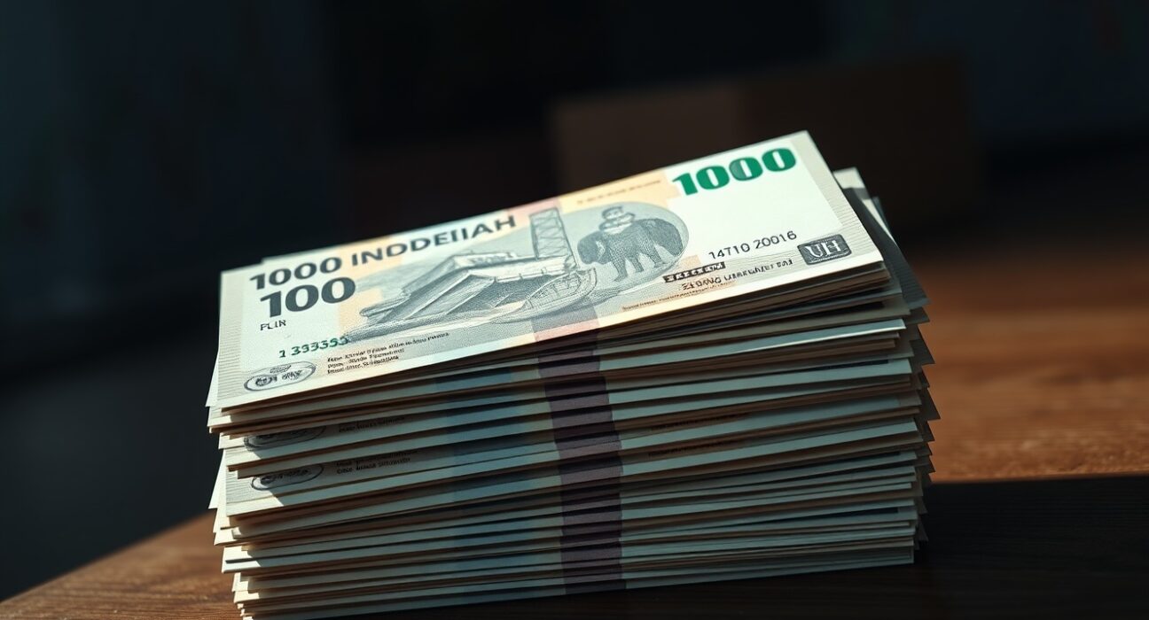Stack of Indonesian rupiah banknotes with a dim, serious background representing economic concerns