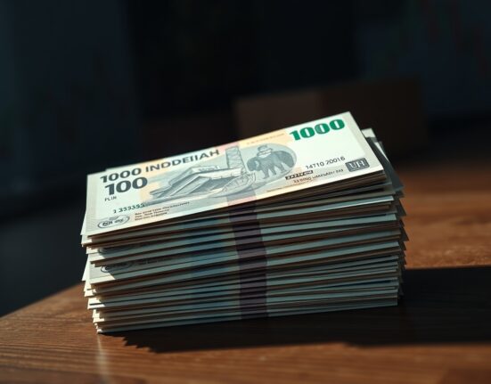 Stack of Indonesian rupiah banknotes with a dim, serious background representing economic concerns