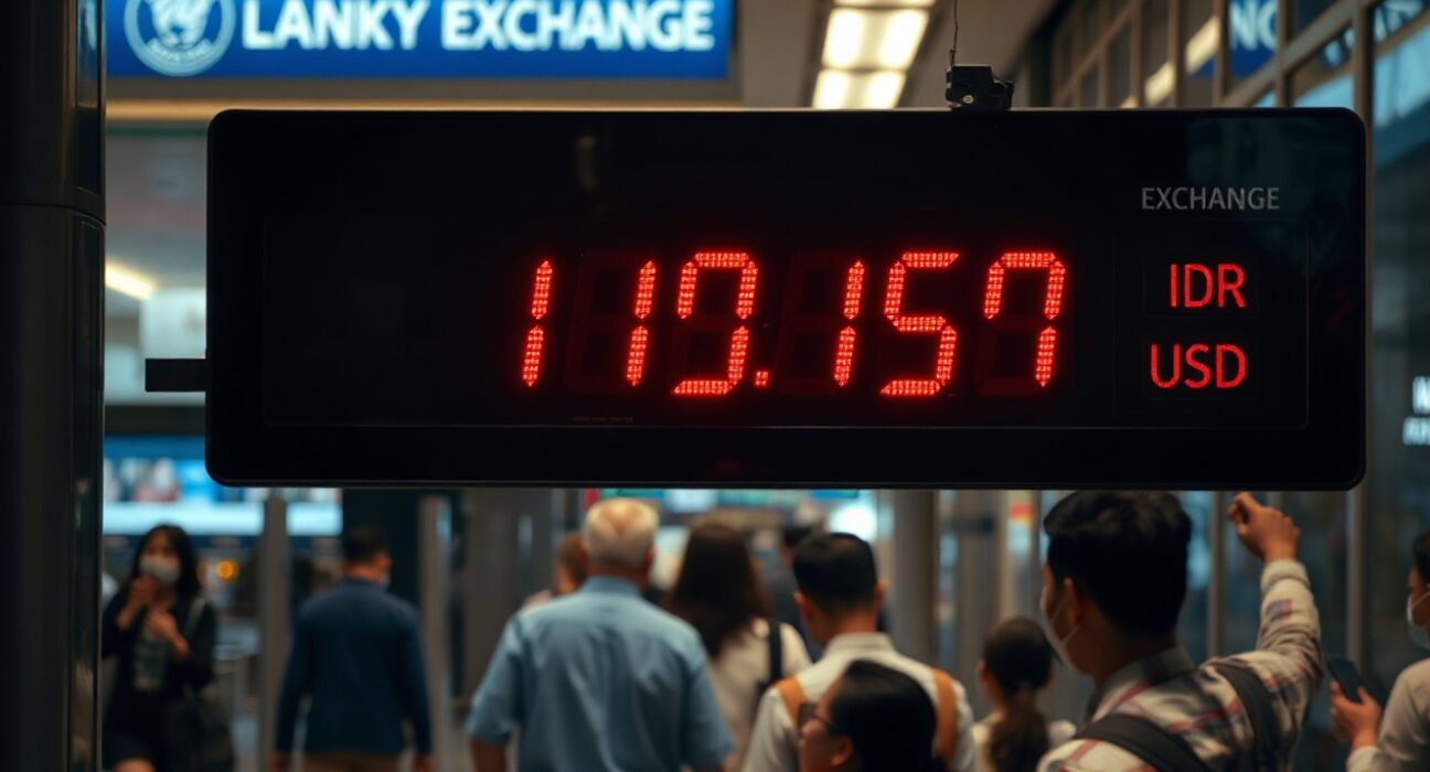 Currency exchange board in Jakarta showing IDR/USD rate decline amid US-Iran tensions