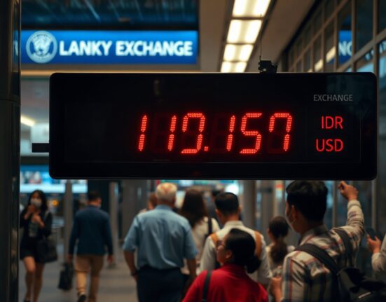 Currency exchange board in Jakarta showing IDR/USD rate decline amid US-Iran tensions