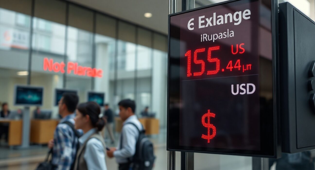 Indonesian rupiah exchange rate board showing decline against US dollar in Jakarta financial district