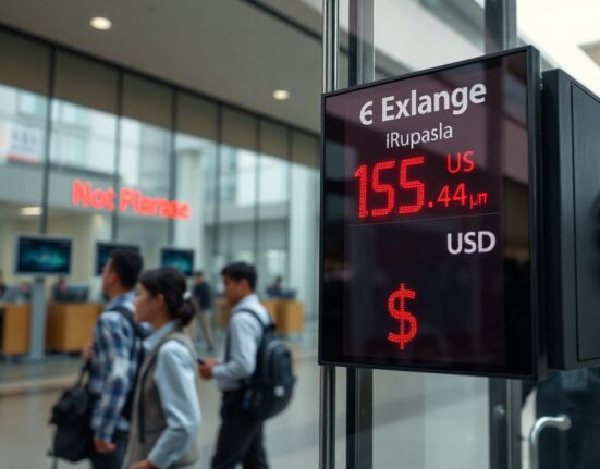 Indonesian rupiah exchange rate board showing decline against US dollar in Jakarta financial district