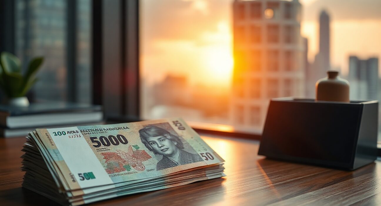 Stack of Indonesian rupiah banknotes on a desk with financial district skyline in background