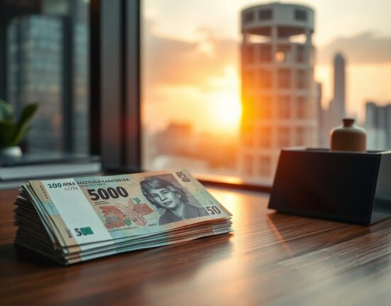 Stack of Indonesian rupiah banknotes on a desk with financial district skyline in background