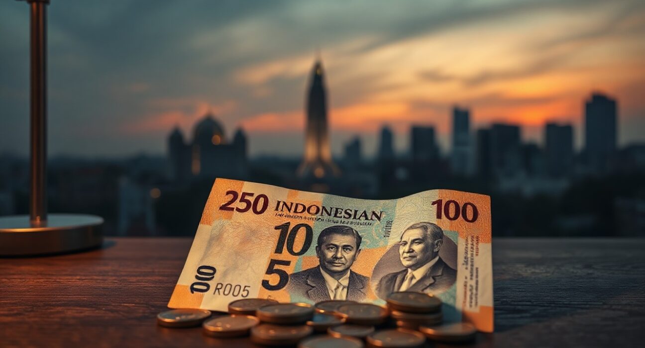 Indonesian rupiah banknotes and coins on a wooden surface with a blurred Jakarta skyline in the background