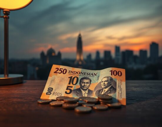 Indonesian rupiah banknotes and coins on a wooden surface with a blurred Jakarta skyline in the background