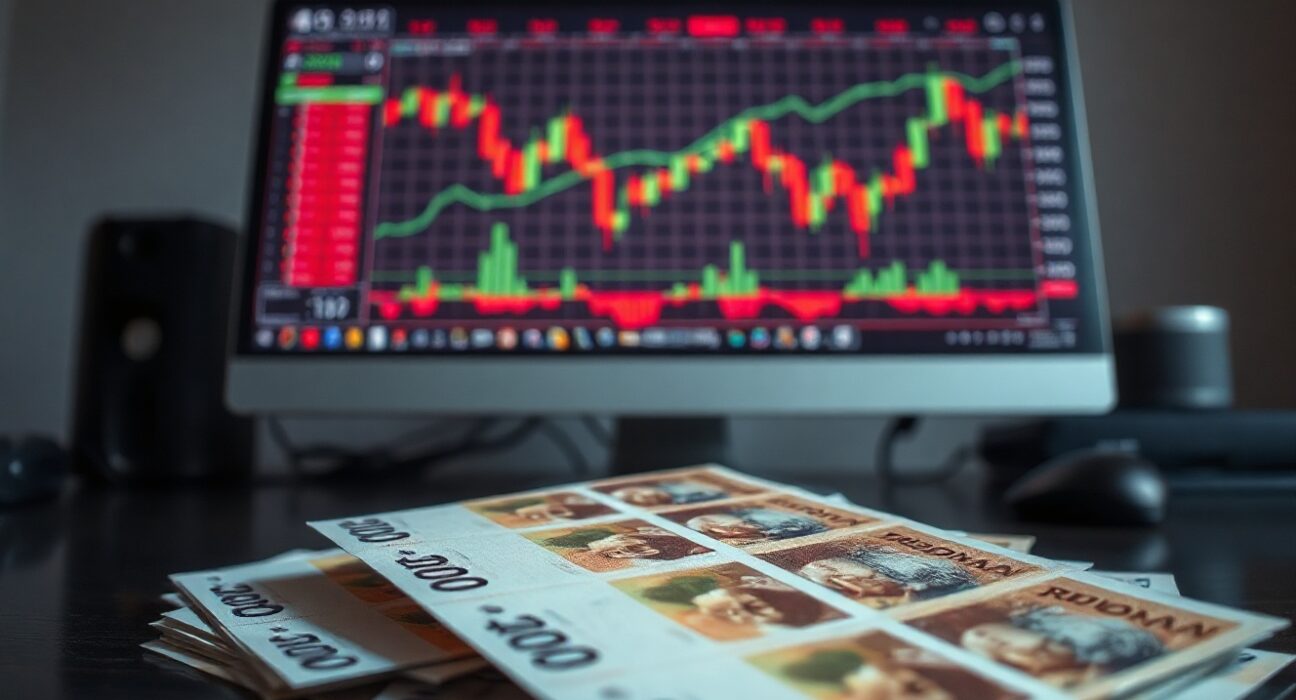 Indonesian rupiah banknotes on a desk with financial charts on a monitor in the background