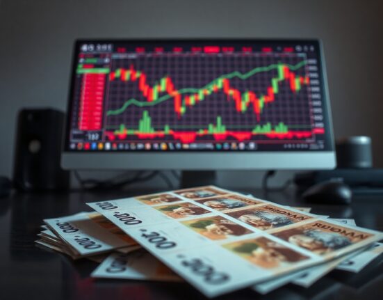 Indonesian rupiah banknotes on a desk with financial charts on a monitor in the background